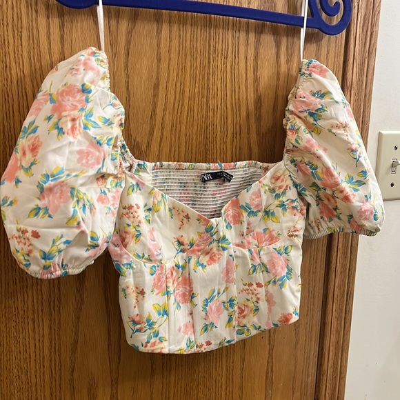 Zara Puff Sleeve Floral Printed Bustier Blouse - Picture 6 of 13